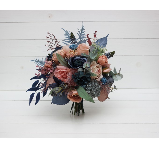 Wedding bouquets in navy blue dusty rose colors. Bridal bouquet. Cascading bouquet. Faux bouquet. Bridesmaid bouquet. 5245