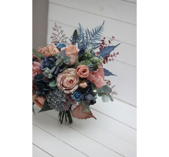 Wedding bouquets in navy blue dusty rose colors. Bridal bouquet. Cascading bouquet. Faux bouquet. Bridesmaid bouquet. 5245