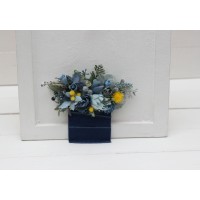 Pocket boutonniere in dusty blue and yellow color scheme. Flower accessories. Pocket flowers. Square flowers. 5234