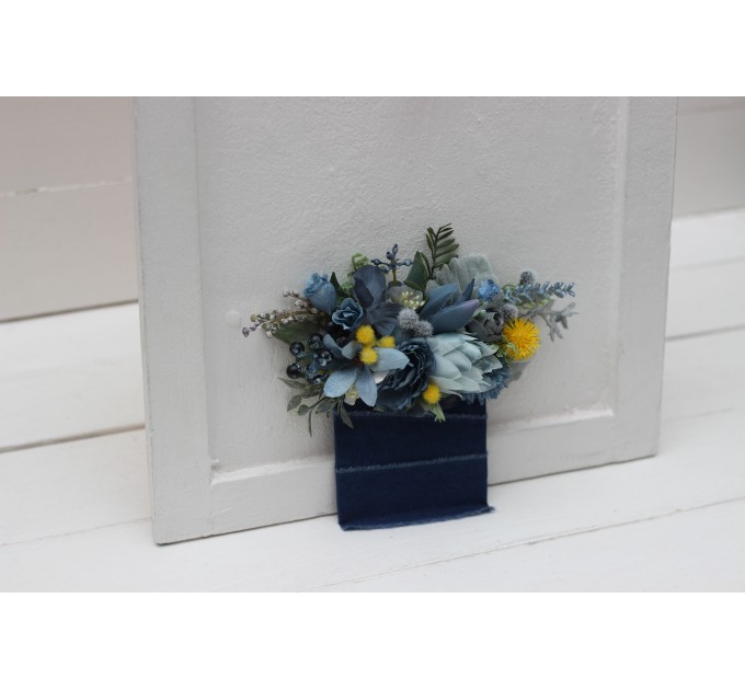 Pocket boutonniere in dusty blue and yellow color scheme. Flower accessories. Pocket flowers. Square flowers. 5234