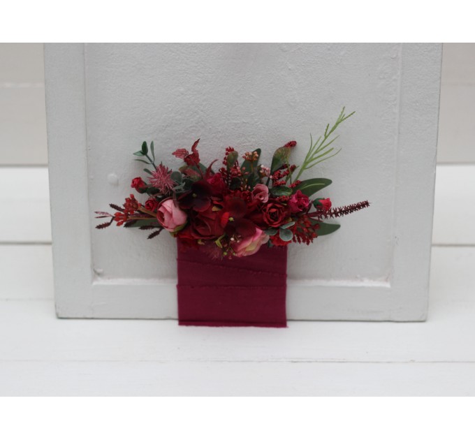 Pocket boutonniere in red and hot pink color scheme. Flower accessories. Pocket flowers. Square flowers. 5243