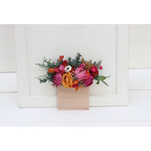 Pocket boutonniere in magenta and orange color scheme. Flower accessories. Pocket flowers. Square flowers. 5242