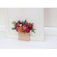 Pocket boutonniere in magenta and orange color scheme. Flower accessories. Pocket flowers. Square flowers. 5242