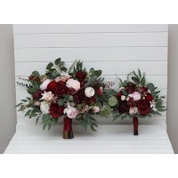 Wedding bouquets in burgundy and blush pink colors. Bridal bouquet. Cascading bouquet. Faux bouquet. Bridesmaid bouquet. 5246