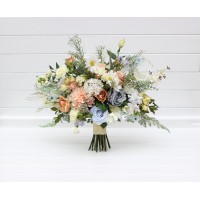 Spring summer wedding. Ivory yellow peach dusty blue flowers. Bridal bouquet. Wildflowers bouquet. Chamomile bouquet. Cascading bouquet. Faux bouquet. Bridesmaid bouquet. 5247