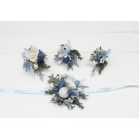  Wedding boutonnieres and wrist corsage  in dusty blue white color theme. Flower accessories. 0508