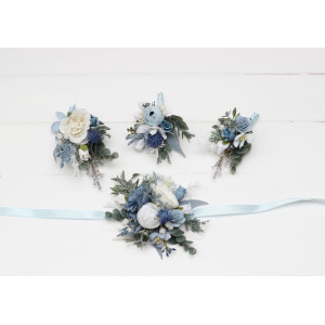  Wedding boutonnieres and wrist corsage  in dusty blue white color theme. Flower accessories. 0508