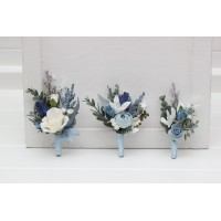  Wedding boutonnieres and wrist corsage  in dusty blue white color theme. Flower accessories. 0508