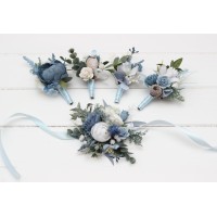  Wedding boutonnieres  in dusty blue white color scheme. Flower accessories. 5061