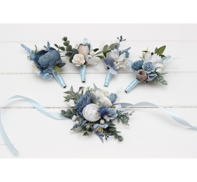  Wedding boutonnieres  in dusty blue white color scheme. Flower accessories. 5061