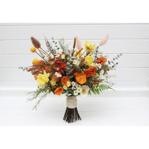 Wildflowers bouquet. Spring summer wedding flowers. Burnt orange yellow ivory bridal bouquet. Silk flowers. Chamomiles poppies bouquet. Faux bouquet. Bridesmaid bouquet. 5252