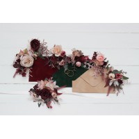  Wedding boutonnieres and wrist corsage  in burgundy dusty rose blush pink color scheme. Flower accessories. 5256