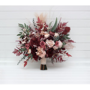 Wedding bouquets in burgundy dusty rose blush pink colors. Bridal bouquet. Cascading bouquet. Faux bouquet. Bridesmaid bouquet. 5256