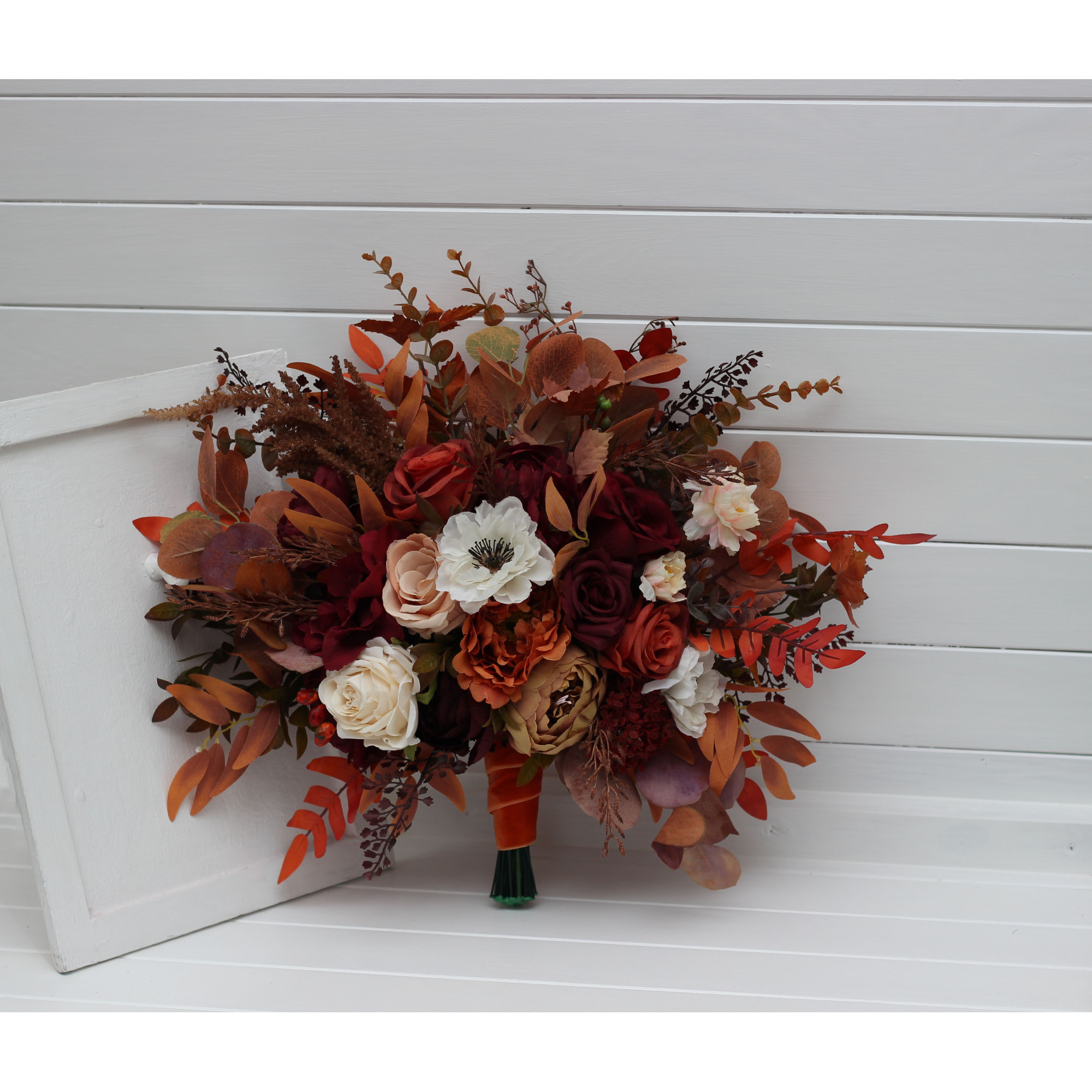 Rust & Burgundy Bridal Bouquet – Faux Wedding Flowers in White