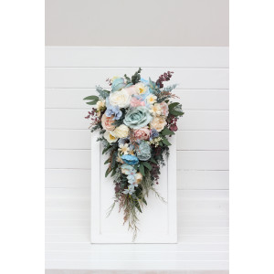 Summer wedding.  Wildflowers cascading bouquet. Colorful bouquet. Dusty blue blush pink yellow bouquet. Bridal bouquet. Bridesmaid bouquet. 5259