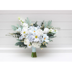 Wedding bouquets in white sky blue colors. Wildflowers bridal bouquet. Cascading bouquet. Faux bouquet. Summer bouquet. Bridesmaid bouquet. 5253