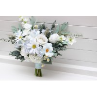 Wedding bouquets in white sky blue colors. Wildflowers bridal bouquet. Cascading bouquet. Faux bouquet. Summer bouquet. Bridesmaid bouquet. 5253