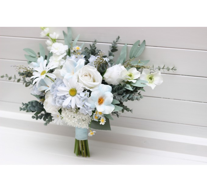 Wedding bouquets in white sky blue colors. Wildflowers bridal bouquet. Cascading bouquet. Faux bouquet. Summer bouquet. Bridesmaid bouquet. 5253