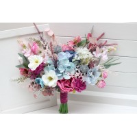 Wedding bouquets in white dusty blue and magenta colors. Wildflowers bridal bouquet. Cascading bouquet. Faux bouquet. Summer bouquet. Bridesmaid bouquet. 5254