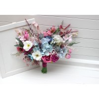 Wedding bouquets in white dusty blue and magenta colors. Wildflowers bridal bouquet. Cascading bouquet. Faux bouquet. Summer bouquet. Bridesmaid bouquet. 5254