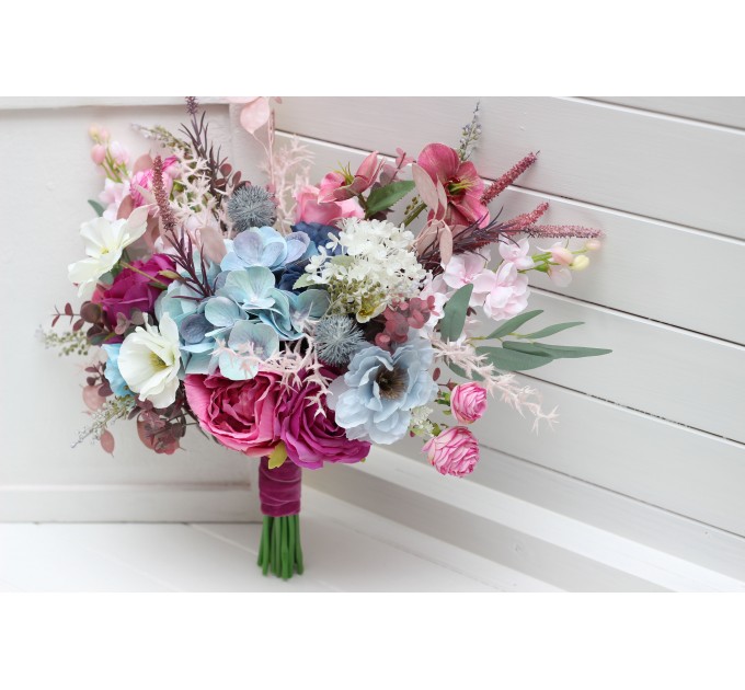 Wedding bouquets in white dusty blue and magenta colors. Wildflowers bridal bouquet. Cascading bouquet. Faux bouquet. Summer bouquet. Bridesmaid bouquet. 5254