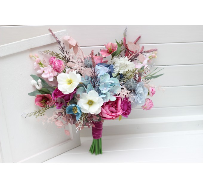 Wedding bouquets in white dusty blue and magenta colors. Wildflowers bridal bouquet. Cascading bouquet. Faux bouquet. Summer bouquet. Bridesmaid bouquet. 5254