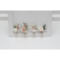  Set of 4 hair pins in beige white blush pink color scheme. Hair accessories. Flower accessories for wedding.  0028