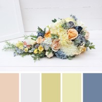 Spring summer wedding. Cascading bouquet. Peach yellow dusty blue flowers. Faux bouquet. Bridal bouquet. Silk flowers. Boho wedding. 5218