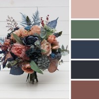 Wedding bouquets in navy blue dusty rose colors. Bridal bouquet. Cascading bouquet. Faux bouquet. Bridesmaid bouquet. 5245