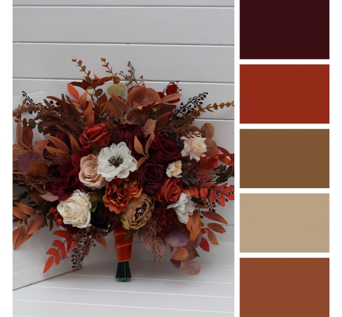 Wedding bouquets in rust burgundy white colors. Bridal bouquet. Faux bouquet. Bridesmaid bouquet. 5124