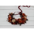 Burgundy rust ivory flower crown. Hair wreath. Flower girl crown. Wedding flowers. 0025