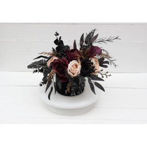 Deep purple black gold beige centerpiece. Table decor. Flowers in box. Wedding flowers . Halloween wedding. 5194