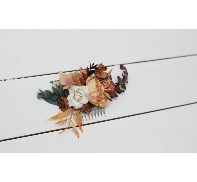 Flower comb in rust brown ivory color scheme. Wedding accessories for hair. Bridal flower comb. Bridesmaid floral comb. 0019