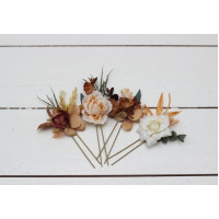  Set of 4 hair pins in  rust brown ivory color scheme. Hair accessories. Flower accessories for wedding. 0019