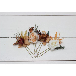  Set of 4 hair pins in  rust brown ivory color scheme. Hair accessories. Flower accessories for wedding. 0019