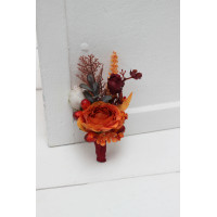  Wedding boutonniere and wrist corsage  in burgundy rust ivory color theme. Flower accessories. 0025