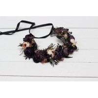 Deep purple black gold beige flower crown. Hair wreath. Flower girl crown. Wedding flowers. Halloween wedding. BLACK