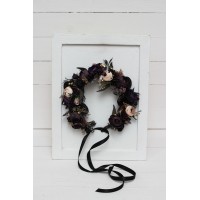 Deep purple black gold beige flower crown. Hair wreath. Flower girl crown. Wedding flowers. Halloween wedding. BLACK