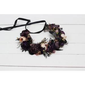 Deep purple black gold beige flower crown. Hair wreath. Flower girl crown. Wedding flowers. Halloween wedding. 5194