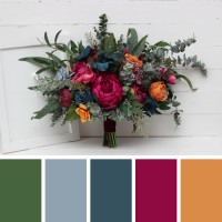 Jewel-tone wedding. Emerald green orange magenta teal flowers. Bridal bouquet. Faux bouquet. Bridesmaid bouquet. Wedding flowers. 5187