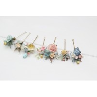  Set of  7 bobby pins in  pastel color scheme. Hair accessories. Flower accessories for wedding.  5259