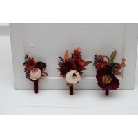  Wedding boutonnieres and wrist corsage  in plum purple orange rust beige color scheme. Flower accessories. 5260