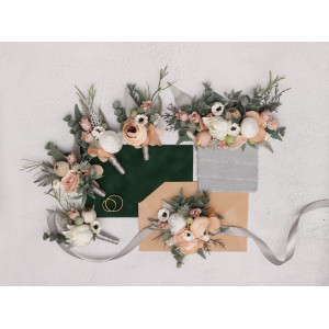  Wedding boutonnieres and wrist corsage  in beige white gray blush pink color scheme. Flower accessories. 5261