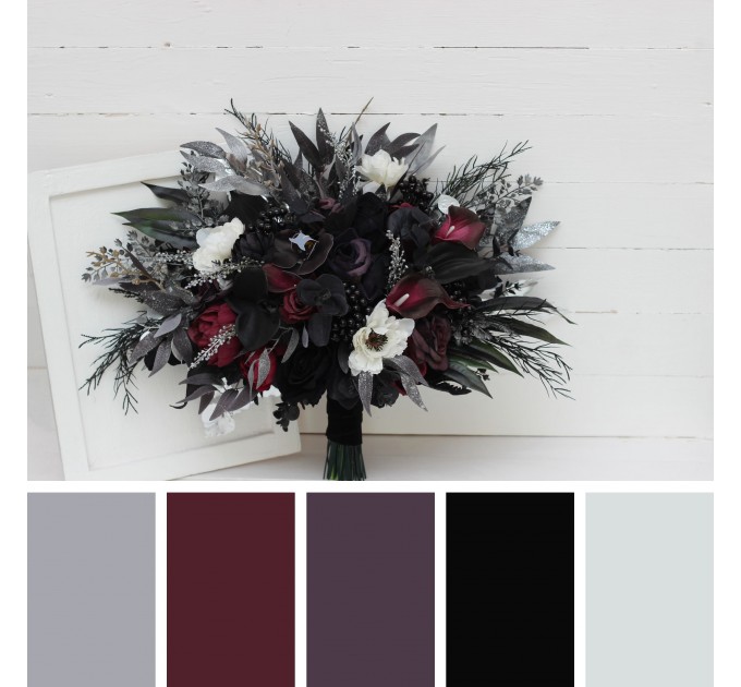 Faux bouquet. Deep purple black silver white anemone flowers. Fall bridal bouquet. Faux bouquet. Halloween wedding.Gothic black wedding bouquet. 5125