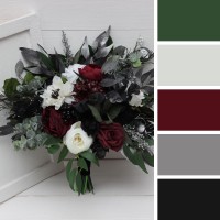 Burgundy black white silver flowers. Fall bridal bouquet. Emerald green. Bridesmaid bouquet. Halloween wedding. Silk flowers. Boho wedding. Cascading bouquet. Faux bouquet. Gothic black wedding bouquet. 5211