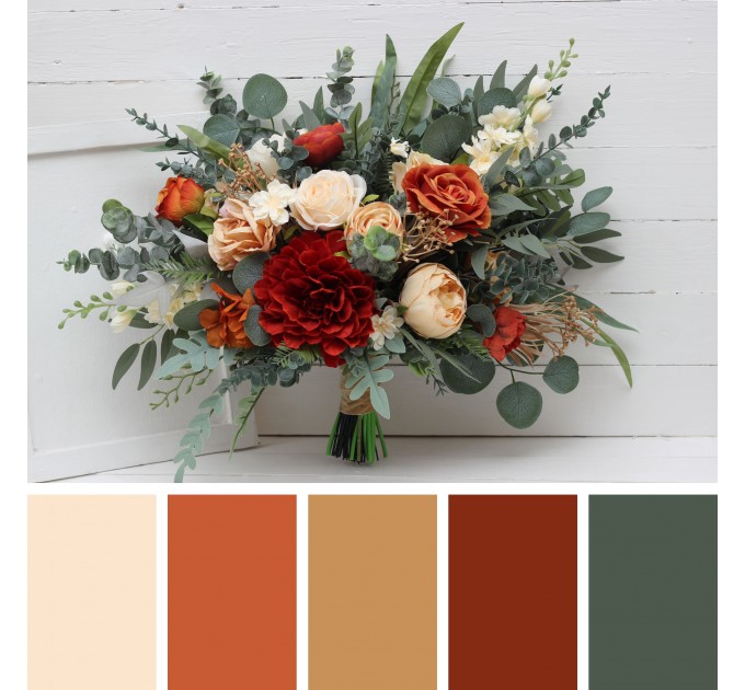Rust ivory eucalyptus greenery bouquet. Dahlia bridal bouquet. Bridal bouquet. Faux bouquet. Bridesmaid bouquet. 5205