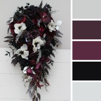 Cascading bouquet. Deep purple black silver white anemone flowers. Fall bridal bouquet. Faux bouquet. Halloween wedding.Gothic black wedding bouquet. 5125