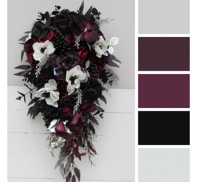Cascading bouquet. Deep purple black silver white anemone flowers. Fall bridal bouquet. Faux bouquet. Halloween wedding.Gothic black wedding bouquet. 5125