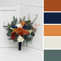 Bridesmaid bouquet. Small bridal bouquet. Burnt orange ivory navy blue bouquet. Fall wedding. Silk flowers. Boho wedding. Faux bouquet. 5029