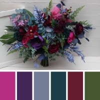 Wedding bouquets in teal, magenta, blue and purple  colors. Bridal bouquet. Cascading bouquet. Faux bouquet. Bridesmaid bouquet. Jewel-tone wedding. 5225